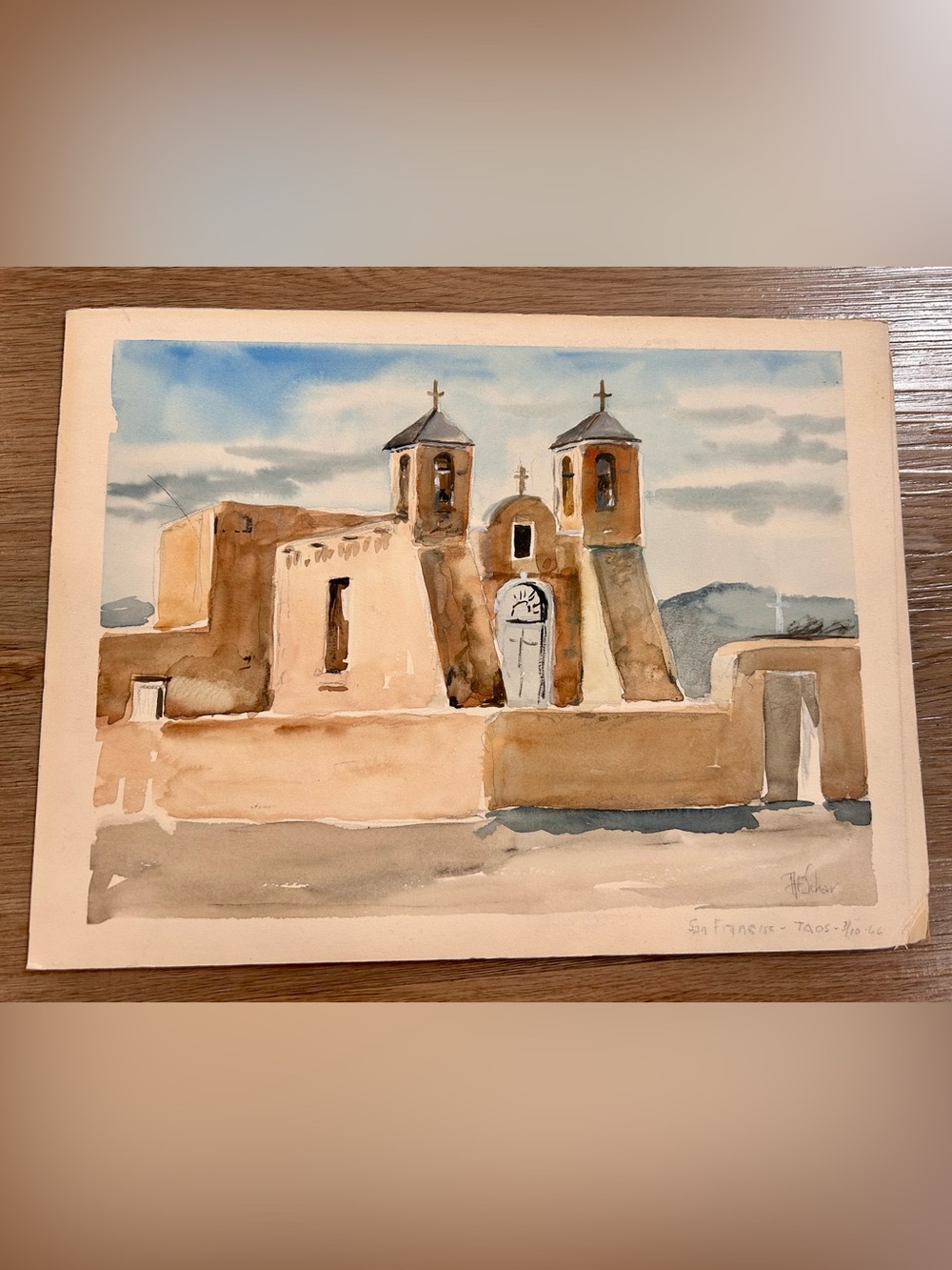 Vintage 1966 Taos New Mexico Mission Watercolor Painting Signed Southwest Art